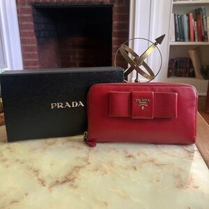 Prada Red Saffiano Leather Bow Zip Around Wallet